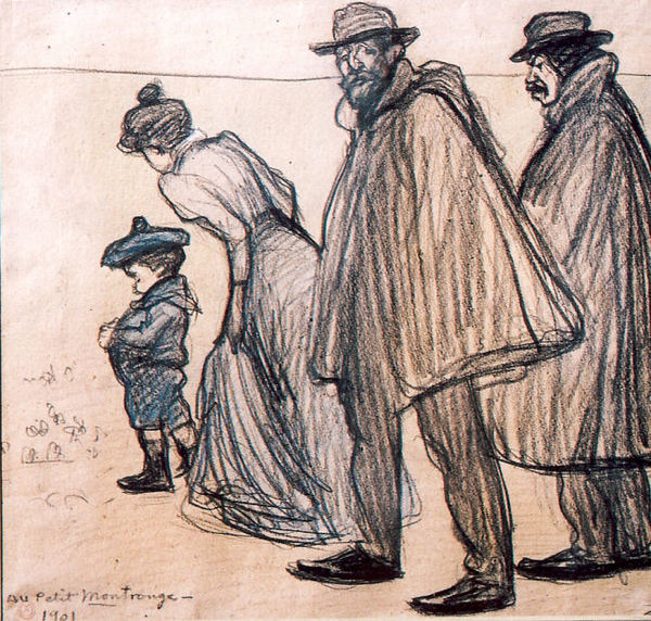 Xavier Martinez - "Au Petit Montrouge" -at the Latin Quarter of Paris- - Charcoal - 14 1/4" x 15 1/4" site - Titled, dated 1901and monogrammed lower left
<br>Artist at right, his friend Theophile-Alexandre Steinlen next, the latter's mistress, her child-at the Latin Quarter of Paris.
<br>
<br>Betty's Card: Au Petit Montrouge 1901, Xavier Martinez, Self Portrait with Steinlen and Friends 1901. Artist at right, his friend Theophile-Alexandre Steinlen next, the latter's mistress, her child-at the Latin Quarter of Paris. Steinlen was a cartoonist-called the "artiste montmartrois". Gift of artist's widow, Pelle Martinez to Betty Hoag, 1969. 1990 Appraisal: $3,000.