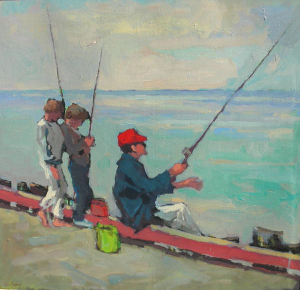 S.C. Yuan - "Fishing off the Pier" - Oil on canvas - 33 1/2" x 35 1/2"