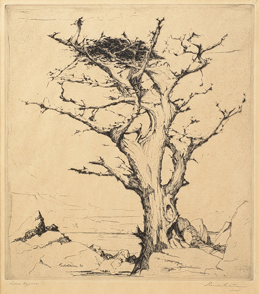 Paul Whitman - "Lone Cypress" - Etching - 9 1/2" x 8 3/4" - Signed and dated '30 lower left in plate
<br>Titled lower left in pencil
<br>Signed lower right in pencil