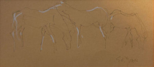 S.C. Yuan - "Three Horses" - Pen, ink & chalk drawing - 4 1/4" x 9 1/2"