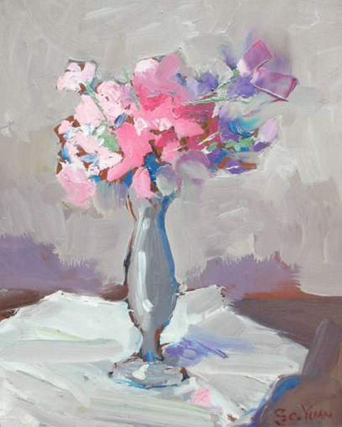 S.C. Yuan - "Vase with Pink Flowers" - Oil on board - 10" x 8"