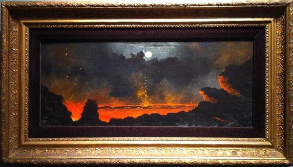 Jules Tavernier -  "Fire Fountain, Kilauea" - Oil on canvas/board - 7 1/4" x 18"