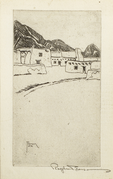 Ralph M. Pearson - "Indian Pueblos - New Mexico" - Etching - 3 3/8" x 1 7/8" - Signed lower right
<br>
<br>Ex-Collection of Mrs. Betty Hoag Lochrie McGlynn, California art historian and late daughter-in-law of early California artist, Thomas A. McGlynn.