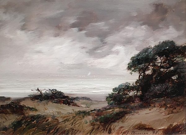 Henry Joseph Breuer - "Sand Dunes and Cypress by the Sea" - Oil on board - 6 1/4" x 8 1/4"
