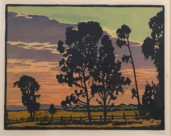 William Seltzer Rice - "Sunset with Eucalyptus" - Color block print - 7" x 8 7/8"