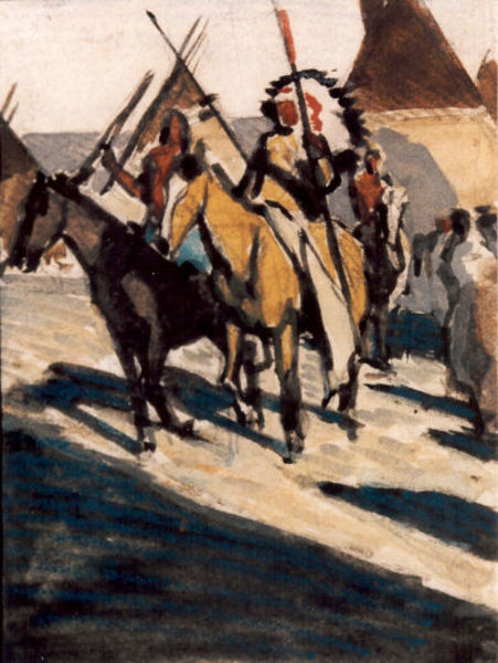 Maynard Dixon - Indians On Horseback with Teepees in Background - Gouache - 4 1/4" x 3 1/4"