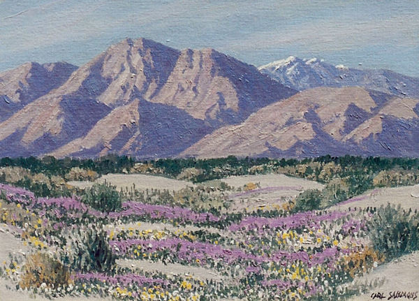 Carl Sammons - "Spring Time - Palm Springs" -Verbenas, Desert Gold and Evening Primroses- - Oil on canvasboard - 12" x 16"