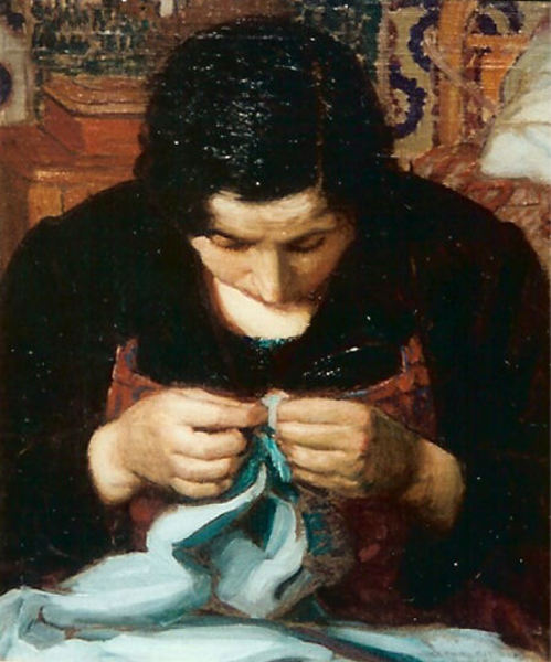Joseph Kleitsch - "Woman Sewing" - Oil on canvas - 21" x 17 1/2" - Signed lower right
