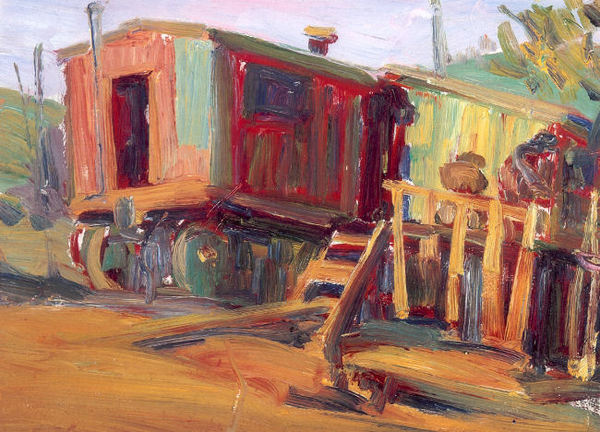 Selden Connor Gile - "The Red Boxcar" - Oil on board - 11" x 15"