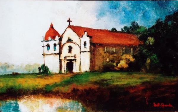 Will Sparks - "Mission San Carlos Borromeo en Carmelo" - Oil on canvas - 10" x 16" - Provenance: Ex-collection Haskell/Spreckels/ Los Adobes de Los Rancheros and Los Rancheros Visitadores, Santa Barbara. This work is from Sparks 2nd and final complete mission series, 1933-1937.