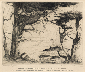 Armin C. Hansen, N.A. - "Monterey Cypress" - Etching - 6 1/8" x 8 1/4" - Plate: Signed & dated, lower left:  Armin Hansen '28. Titled in pencil lower left; signed in pencil lower right. 
<br>
<br>Plate #102, pages 110, 111 in  'The Graphic Art of Armin C. Hansen-A Catalogue Raisonne' by Anthony R. White/1986.
<br>
<br>Variant commissioned by Del Monte Properties Company; Hansen's prints carry the following commercial overprinted advertisement below the plate line: "Beautiful Homesites Are Available At Pebble Beach. For Information Inquire At Hotel Office. Del Monte Properties Co."
<br>
<br>Exhibited:
<br>"Coastal Views: California and the Pacific Northwest"
<br>organized by the Whatcom Museum, Bellingham, Washington
<br>June 24 - October 29, 2023.
<br>Illustrated in the catalogue published in conjunction with the exhibition, page 10.
<br>
<br>Exhibited: 
<br>Armin Hansen: The Artful Voyage
<br>
<br>Pasadena Museum of California Art/Jan.-May, 2015
<br>Crocker Art Museum/June – October, 2015
<br>Monterey Museum of Art/Oct. 2015 – Mar. 2016.
<br>
<br>Illustrated:  Armin Hansen: The Artful Voyage  by Scott A. Shields, PhD., page 48. Published on the occasion of the exhibition.
<br>
<br>
<br>AD IN CARMEL MAGAZINE-SPRING/2024:
<br>
<br>ARMIN C. HANSEN (1886-1957)
<br>Beautiful homesites are available at Pebble Beach. 
<br>For information inquire at Hotel Office. Del Monte Properties Co.
<br>
<br>    Pebble Beach visionary, S.F.B. Morse commissioned his artist friend, Armin Hansen, to print a variant of his original etching of the same year. This rare variant includes a commercial overprinted advertisement below the plate line to encourage the sale of residential lots in Pebble Beach. Armin Hansen was one of the most notable artists to have lived on the Monterey Peninsula, exhibiting nationally and receiving fame for his prints and paintings.