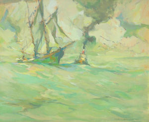 Armin C. Hansen, N.A. - "Towboat Longside" - Oil on board - 18" x 22 1/2"