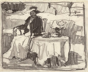 Armin C. Hansen, N.A. - "Lady Sitting at Table" - Charcoal - 7" x 9" - Signed lower right
<br>Directly from the estate of Armin C. Hansen through the artist's granddaughter.