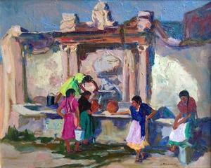 Jeannette Maxfield Lewis - "Water Carriers" - Mexico - Oil on canvasboard - 16" x 20"