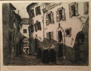Jeannette Maxfield Lewis - "Perugia" - Etching - 6 7/8" x 9 1/2" - Plate: Signed lower right
<br>Titled and signed in pencil
<br>
<br>Exhibition Catalogue: 'Jeannette Maxfield Lewis: A Centennial Celebration' MPMA/1994.  #167 in Catalogue Raisonne: The Complete Etchings by Anthony R. White
<br>
<br>PROVENANCE:
<br>As relayed by previous owner: "It has been in my family for 70 years. My mother owned this etching and passed it on to me. My parents were neighbors and good friends of the Lewis' in Fresno, California."
<br>
<br>Perugia is the charming capital city of Umbria, the green and hilly region in the heart of Italy. This medieval city is still an under-the-radar Italian destination for many international travelers. Yet, Perugia has captivated countless visitors throughout the centuries.
