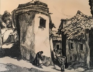 Jeannette Maxfield Lewis - "Village Scene in Old Mexico" - Conte Crayon on paper - 18 3/4" x 24 1/2" sight size - Signed lower right
<br>
<br>Provenance:
<br>As relayed by the previous owner...
<br>"Jeannette Maxfield Lewis was my father's aunt. She lived a few blocks from him in Fresno. This conte crayon was a wedding gift to my parents and has remained in the possession of the family until sold to Trotter Galleries".
<br>
<br>A 1947-1948 trip to Mexico inspired prolific drawings, etchings, and paintings which were later shown in exhibitions both in Mexico and in California.