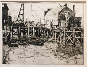 Jeannette Maxfield Lewis - "Fishermen's Taxies" - Drypoint - 8 7/8" x 11 7/8" - Plate: Signed and dated lower left
<br>Titled in pencil lower left
<br>Signed in pencil lower right
<br>
<br>Provenance:
<br>Exhibition Catalogue: 'Jeannette Maxfield Lewis: A Centennial Celebration' MPMA/1994. #99 in Catalogue Raisonne: The Complete Etchings by Anthony R. White
<br>
<br>
<br>Lewis attended the CSFA in San Francisco where she was greatly influenced by Gottardo Piazzoni. She studied with Hans Hofmann in NYC; and locally with Armin Hansen.
<br>
<br>Jeannette Maxfield Lewis began experimenting with printmaking under Armin Hansen in 1931, first with small drypoints, later moving into etching. She and her husband soon began a collaborative effort in the production of her prints; under the initial supervision of Hansen, Mr. Lewis became Jeannette's printer and chief critic. Working on-site continued to be an integral part of creating the etching or drypoint and Lewis' reputation in this medium grew rapidly.