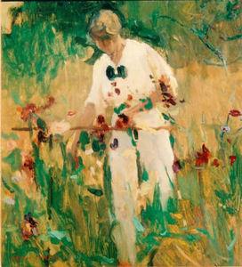 Armin C. Hansen, N.A. - "Frances in the Garden" - Oil/board/masonite - 14 1/2" x 13 1/4"