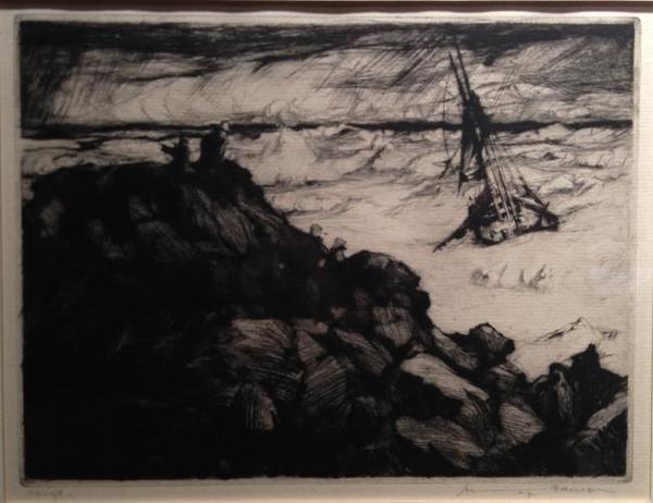 Armin C. Hansen, N.A. - "Adrift" - Etching and drypoint - 6" x 7 7/8" - Plate: Signed and dated, lower left: Armin Hansen '27. 
<br>Titled lower left in pencil; signed lower right in pencil. 
<br>Plate 98, pages 106, 107 in 'The Graphic Art of Armin C. Hansen-A Catalogue Raisonne' by Anthony R. White/1986.