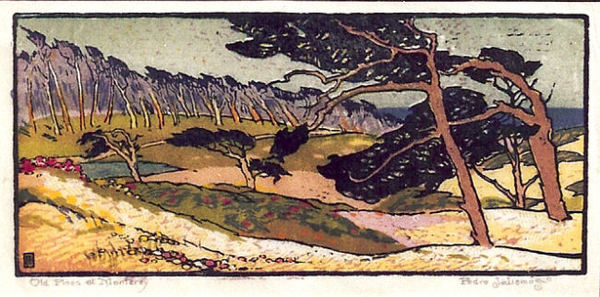 Pedro J. de Lemos - "Old Pines At Monterey" - Color woodblock - 5 3/8" x 11 5/8" - Monogramed in block lower left
<br>Titled in pencil lower left
<br>Signed in pencil lower right
<br>
<br>Exhibited:
<br>Carmel Art Association - Ninety Years /March 2 - April 4, 2017
<br>'A Commemorative Catalog and Exhiition Honoring late Artist Members and Their Work'. Illustrated front and back cover; and on page 50.