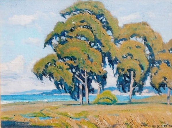 Arthur Hill Gilbert, A.N.A. - "Carmel Bay and Eucalyptus" - Oil on canvasboard - 9" x 12"