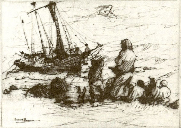 Armin C. Hansen, N.A. - "Wrecked" - Drypoint - 2 1/2" x 3 1/2"