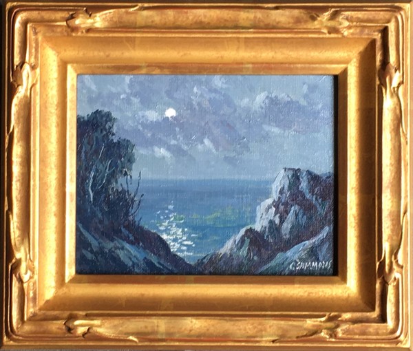 Carl Sammons - "Carmel by the Sea" - Oil on canvasboard - 6" x 8" - Signed lower right<br>Titled on reverse<br><br>A talented pastelist early on, Sammons chose to paint in oils primarily by the mid-1920’s. <br><br>Inspired by the compelling aesthetic beauty of canvases by a somewhat older generation of early California artists such as Granville Redmond (1871-1935), John Gamble (1863-1957) and Percy Gray (1869-1952), Carl Sammons was also attuned with artists of his generation such as Edgar Payne (1883-1947), Albert DeRome (1885-1959), and Paul Grimm (1892-1974). It is worth noting that Sammons was actively painting California imagery in the same locales and during the years overlapping all six of these artists.