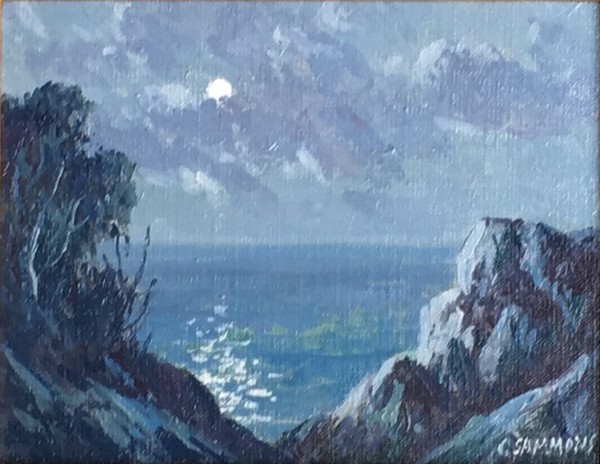 Carl Sammons - "Carmel by the Sea" - Oil on canvasboard - 6" x 8" - Signed lower right<br>Titled on reverse<br><br>A talented pastelist early on, Sammons chose to paint in oils primarily by the mid-1920’s. <br><br>Inspired by the compelling aesthetic beauty of canvases by a somewhat older generation of early California artists such as Granville Redmond (1871-1935), John Gamble (1863-1957) and Percy Gray (1869-1952), Carl Sammons was also attuned with artists of his generation such as Edgar Payne (1883-1947), Albert DeRome (1885-1959), and Paul Grimm (1892-1974). It is worth noting that Sammons was actively painting California imagery in the same locales and during the years overlapping all six of these artists.