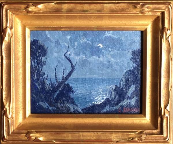 Carl Sammons - "Moonlight" Carmel by the Sea - Oil on canvasboard - 6" x 8" - Signed lower right
<br>Titled on reverse
<br>
<br>A talented pastelist early on, Sammons chose to paint in oils primarily by the mid-1920’s. 
<br>
<br>Inspired by the compelling aesthetic beauty of canvases by a somewhat older generation of early California artists such as Granville Redmond (1871-1935), John Gamble (1863-1957) and Percy Gray (1869-1952), Carl Sammons was also attuned with artists of his generation such as Edgar Payne (1883-1947), Albert DeRome (1885-1959), and Paul Grimm (1892-1974). It is worth noting that Sammons was actively painting California imagery in the same locales and during the years overlapping all six of these artists.