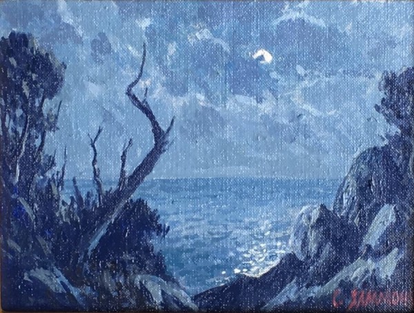 Carl Sammons - "Moonlight" Carmel by the Sea Carl Sammons - "Moonlight" Carmel by the Sea - Oil on canvasboard - 6" x 8" - Signed lower right
<br>Titled on reverse
<br>
<br>A talented pastelist early on, Sammons chose to paint in oils primarily by the mid-1920’s.
<br>
<br>Inspired by the compelling aesthetic beauty of canvases by a somewhat older generation of early California artists such as Granville Redmond (1871-1935), John Gamble (1863-1957) and Percy Gray (1869-1952), Carl Sammons was also attuned with artists of his generation such as Edgar Payne (1883-1947), Albert DeRome (1885-1959), and Paul Grimm (1892-1974). It is worth noting that Sammons was actively painting California imagery in the same locales and during the years overlapping all six of these artists.