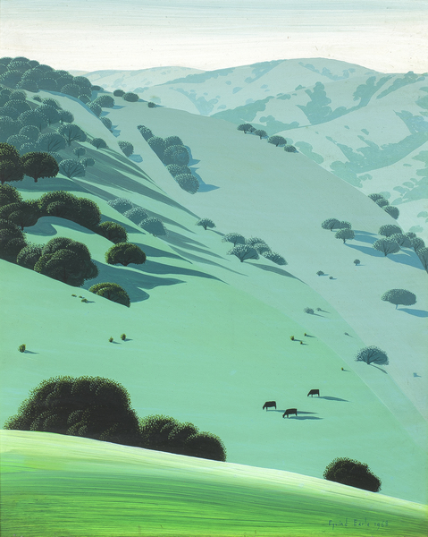 Eyvind Earle - "California Hills" Eyvind Earle - "California Hills" - Oil on masonite - 20" x 16" - Signed and dated lower right
<br>
<br>Evyind Earle was an American artist, author and illustrator. His career has encompassed many different fields. During his lifetime he created many paintings, sculptures, scratchboards, watercolors and drawings. His most famous paintings are of California mountains and valleys of western Canada. He was born in New York City, began painting when he was 10 years old, had his first solo show in France when he was 14, and his fame grew steadily.
<br>
<br>In 1951 Earle joined Walt Disney studios as an assistant background painter. Earle intrigued Disney in 1953 when he created the look of “Toot, Whistle, Plunk and Boom” an animated short that won an Academy Award and a Cannes Film Festival Award. Disney kept the artist busy for the rest of the decade, painting the settings for such stories as “Peter Pan”, “For Whom the Bulls Toil”, “Working for Peanuts”, “Pigs is Pigs”, “Paul Bunyan” and “Lady and the Tramp”. Earle was responsible for the styling, background and colors for the highly acclaimed movie “Sleeping Beauty” and gave the movie its magical, medieval look. He also painted the dioramas for Sleeping Beauty’s Castle at Disneyland in Anaheim, California.