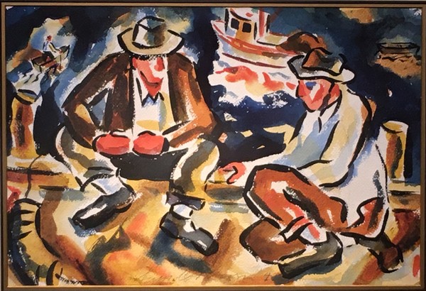 Samuel Bolton Colburn - "On the Wharf" Samuel Bolton Colburn - "On the Wharf" - Watercolor - 13" x 19 1/4" - Signed and dated bottom center
<br>Double sided: Hatton Ranch, Carmel Valley
<br>
<br>Sam Colburn gained his substantial reputation as a watercolorist and for his early paintings of the Monterey Peninsula in Northern California. He depicted the fisherman and activities around the wharf and in the canneries, and the hills and farm buildings around Salinas and Carmel Valley. His early figural works of Monterey fisherman at work in the sardine canneries made famous by John Steinbeck, reduce the figures to blocky forms in the manner of Diego Rivera.