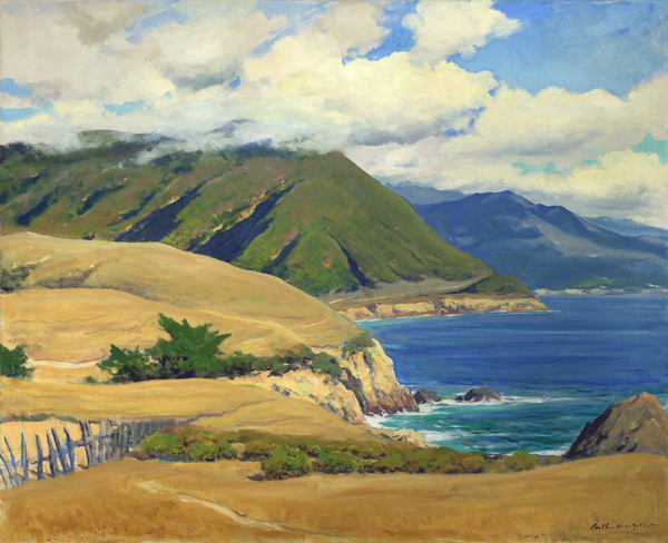 A coastal landscape with cypress trees in the foreground, the blue of the ocean on the right side and a view of Mount Doud dominates the background - with beautiful puffy clouds resting on the majestic mountain top.