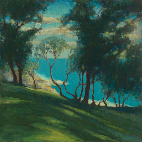 George Joseph Seideneck - "Carmel Coast with Eucalyptus" - Oil on canvas - 30" x 30" - Signed lower right<br><br>~An accomplished artisan and teacher ~<br>Won recognition as a portraiture, photographer and landscape painter<br><br>As a youth, he had a natural talent for art and excelled in drawing boats on Lake Michigan. Upon graduation from high school, he briefly became an apprentice to a wood engraver. He received his early art training in Chicago at the Smith Art Academy and then worked as a fashion illustrator. He attended night classes at the Chicago Art Institute and the Palette & Chisel Club. <br><br>In 1911 Seideneck spent three years studying and painting in Europe. When he returned to Chicago he taught composition, life classes and portraiture at the Academy of Fine Art and Academy of Design.<br><br>He made his first visit to the West Coast in 1915 to attend the P.P.I.E. (SF).  Seideneck again came to California in 1918 on a sketching tour renting the temporarily vacant Carmel Highlands home of William Ritschel. While in Carmel he met artist Catherine Comstock, also a Chicago-born Art Institute-trained painter. They married in 1920 and made Carmel their home, establishing studios in the Seven Arts Building and becoming prominent members of the local arts community.