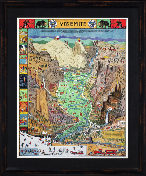 Joseph Jacinto Mora - "Yosemite" - Color lithograph - 21 3/4" x 16 7/8" - Copyright: 1996 Yosemite Association lower right margin
<br>Published: 1996 Yosemite Association
<br>
<br>This map was available from the Yosemite Association and they came with a short history of the map. A short quote from the paper follows. "This reprint of Jo Mora's cartoon-style map of Yosemite Valley is made from the original artwork in the museum. The poster illustrates many historical features of the valley which no longer exist but were left as originally done in 1931. The art from which this poster is rendered is quite faded but through the use of the computer technology the color approaches its earlier appearance."