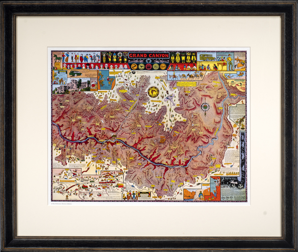 Joseph Jacinto Mora - "Grand Canyon" Joseph Jacinto Mora - "Grand Canyon" - Color lithograph - 14" x 18" - Copyright: 1931 Jo Mora lower left image
<br>Published: 1959
<br>Jo Mora Publications, Monterey, California, lower left margin
<br>Signature: Jo Mora lower left image
<br>
<br>NOTE: This map was published 28 years after the first black and white version (1931) and reduced in size with all the details the same except for the items listed below. This version was colored in by Ferdinand Burgdorff one of many close friends Jo had in Carmel.
<br>1. Scenic Airways became Grand Canyon Airlines, and the reference was changed on the airplane. The reference in the bottom left of the image was also struck out, but is still readable.
<br>2. The Harvey Garage in the lower left image was changed to the "Fred Harvey" Garage.