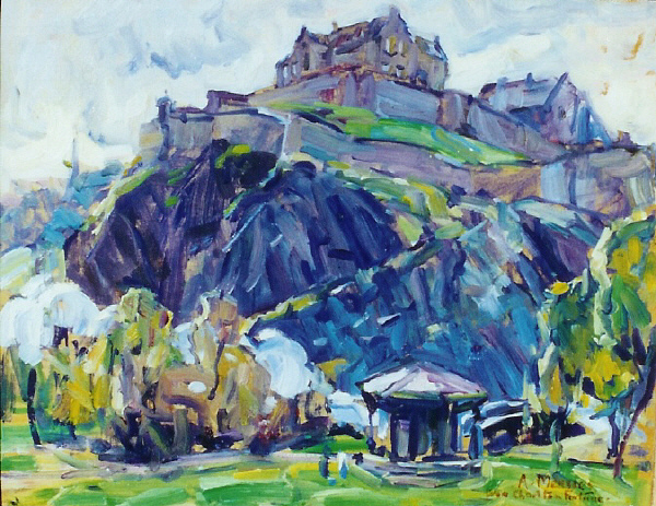 E. Charlton Fortune - "Edinburgh Castle" - Oil on panel - 12 7/8" x 16 1/8" - Signed and dedicated lower right. (with still-life sketch on reverse). 
<br>
<br>Exhibited: Solo exhibition of Fortune's work held by The Western Association of Art Museum Directors/1928; Carmel Art Association/2001