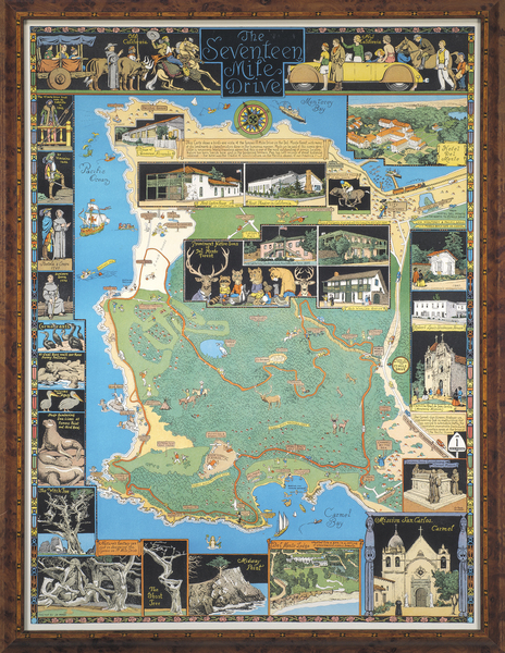 Joseph Jacinto Mora - "The Seventeen Mile Drive" - Color lithograph - 30 1/2" x 22 1/2" - Copyright: 1927 The Del Monte Properties Co. lower right margin
<br>Published: 1927 The Del Monte Properties Co.
<br>Signature: "This Map by Jo Mora" lower left image
<br>
<br>This is the second map that Jo drew, and the first printing. This second map was also commissioned by the Del Monte Properties Company to advertise the 17-Mile area and its tourist attractions. The copyright was done after the first printing and like the Monterey Peninsula map, the copyright did not show up until the second printing in 1928-29.