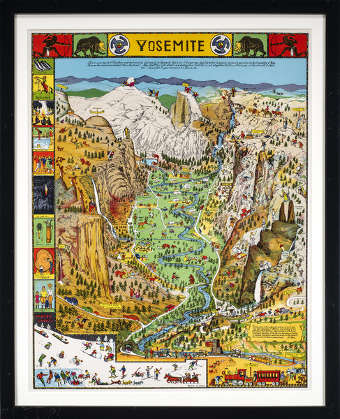 Joseph Jacinto Mora - "Yosemite" Joseph Jacinto Mora - "Yosemite" - Color lithograph - 17 3/4" x 13 7/8" - Copyright: 1931 (same as original) center bottom image
<br>Published: 1949 The Curry Company
<br>Signature: Jo Mora (same as original) lower right image
<br>
<br>In 1949 Jo Mora Jr. sold the copyright to this map to the Curry Company, which included the original plates the black and white carte was printed from. These plates were never used and now appear to be lost. The Curry Company then decided to update the map further. The major change was to delete the Coulterville Road which meant changing the whole lower left of the map. This was done by another artist, because Jo died in 1947.