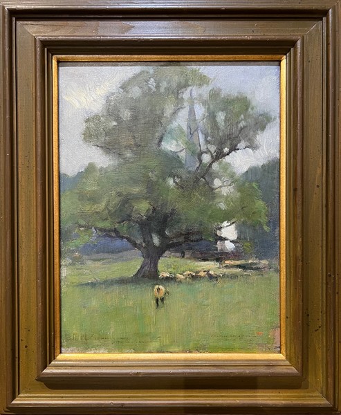 Charles Rollo Peters - "Grazing Sheep" - Oil on panel - 13 3/4" x 10 1/2" - Dedicated lower left; signed lower right.<br><br>Provenance: From the Estate of Stanley Worth, great nephew of Charles Rollo Peters. <br><br>Exhibited: Monterey Peninsula Museum of Art/ "The Peters Heritage".  Exhibition dates: February 7 - March 29, 1987.<br><br>By the late 1880s, while still in his twenties, Peters was exhibiting widely both in the States and abroad, and was winning acclaim and praise along with many silver and bronze medals. After marrying Kathleen Murphy in 1891, they left for Europe for several years, returning to Monterey in 1900.  Upon his return to California, he settled in Monterey where he built a 30-acre estate called "Peters Gate." His home was a haven for other artists and he entertained lavishly until the money ran out. Following tragic losses of both his wife and small daughter, Peters remarried in 1909. The Monterey house was sold and the family went to Europe for two years.