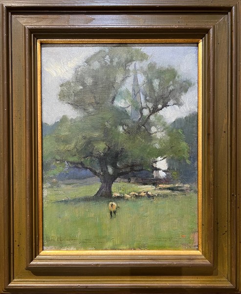 Charles Rollo Peters - "Grazing Sheep" Charles Rollo Peters - "Grazing Sheep" - Oil on panel - 13 3/4" x 10 1/2" - Dedicated lower left; signed lower right.
<br>
<br>Provenance: From the Estate of Stanley Worth, great nephew of Charles Rollo Peters.
<br>
<br>Exhibited: Monterey Peninsula Museum of Art/ "The Peters Heritage". Exhibition dates: February 7 - March 29, 1987.
<br>
<br>By the late 1880s, while still in his twenties, Peters was exhibiting widely both in the States and abroad, and was winning acclaim and praise along with many silver and bronze medals. After marrying Kathleen Murphy in 1891, they left for Europe for several years, returning to Monterey in 1900. Upon his return to California, he settled in Monterey where he built a 30-acre estate called "Peters Gate." His home was a haven for other artists and he entertained lavishly until the money ran out. Following tragic losses of both his wife and small daughter, Peters remarried in 1909. The Monterey house was sold and the family went to Europe for two years.