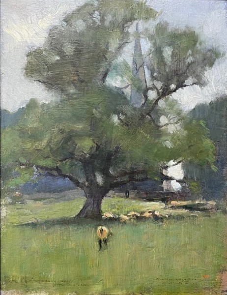 Charles Rollo Peters - "Grazing Sheep" Charles Rollo Peters - "Grazing Sheep" - Oil on panel - 13 3/4" x 10 1/2" - Dedicated lower left; signed lower right.
<br>
<br>Provenance: From the Estate of Stanley Worth, great nephew of Charles Rollo Peters.
<br>
<br>Exhibited: Monterey Peninsula Museum of Art/ "The Peters Heritage". Exhibition dates: February 7 - March 29, 1987.
<br>
<br>By the late 1880s, while still in his twenties, Peters was exhibiting widely both in the States and abroad, and was winning acclaim and praise along with many silver and bronze medals. After marrying Kathleen Murphy in 1891, they left for Europe for several years, returning to Monterey in 1900. Upon his return to California, he settled in Monterey where he built a 30-acre estate called "Peters Gate." His home was a haven for other artists and he entertained lavishly until the money ran out. Following tragic losses of both his wife and small daughter, Peters remarried in 1909. The Monterey house was sold and the family went to Europe for two years.