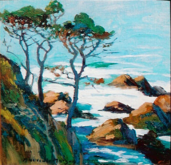 Mary DeNeale Morgan - "Pines & Blue Sea from Carmel Highlands" - Oil on canvas/board - 12" x 12"