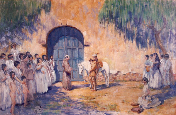 Alson Skinner Clark - "The Arrival of Jedediah Strong Smith at San Gabriel Mission" - Oil on canvas - 45" x 69" - Signed and dated 1926 lower right