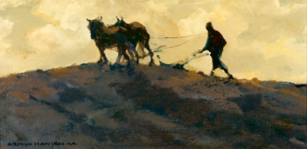 Armin C. Hansen, N.A. - "Spring Plowing - Over the Hill" - Oil on board - 8" x 16"