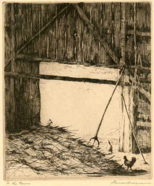 Paul Whitman - "In the Barn" - Etching - 6" x 5"