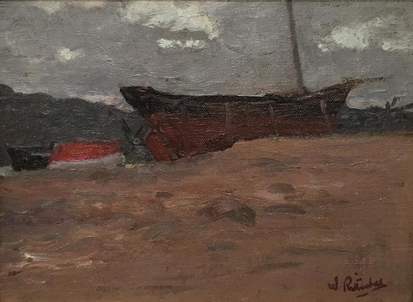 William Ritschel, N.A. - "Beached" William Ritschel, N.A. - "Beached" - Oil on canvas/masonite - 7 1/4" X 10" - Signed lower right
<br>
<br>Considered one of America's foremost marine painters, William Ritschel's presence as a resident artist on the Monterey Peninsula added greatly to the substance and prestige of the California art community.
<br>
<br>Ritschel moved to California sometime after 1909. He exhibited at the S.F. Art Institute in 1911, at the P.P.I.E., 1915 where he won a gold medal, and at the California State Fair in 1916. In 1921 he and his wife moved into the unique, castle-like, stone studio-home he had built high on a bluff overlooking the ocean in Carmel Highlands.