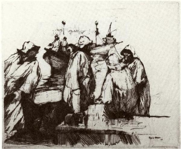 Armin C. Hansen, N.A. - "Fisher Crew" - Drypoint - 5" x 6" - Plate: Signed and dated, lower right: Armin Hansen '24. 
<br>Titled lower left in pencil; signed lower right in pencil.  
<br>
<br>Illustrated:  'The Graphic Art of Armin C. Hansen, A Catalogue Raisonne' by Anthony  R. White/1986. Plate 67; page 75.
<br>
<br>
<br>Armin Hanen's oil painting titled "Discussing the Catch" was based on the fishermen character studies depicted in this drypoint.