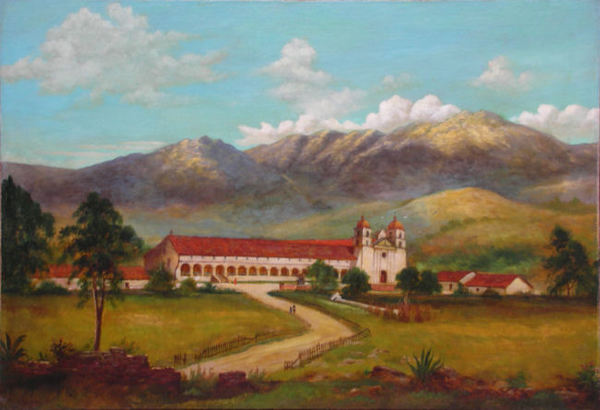 John Sykes - "Mission at Santa Barbara" - Oil on canvas - 24 3/4" x 36"