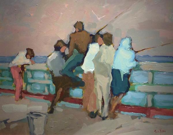 S.C. Yuan - "Fishing off the Wharf" - Oil on canvas - 24" x 30"